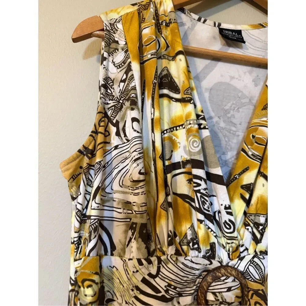 Tribal Women's Size M Sleeveless Stretch Midi Dress Gold Black Abstract Boho